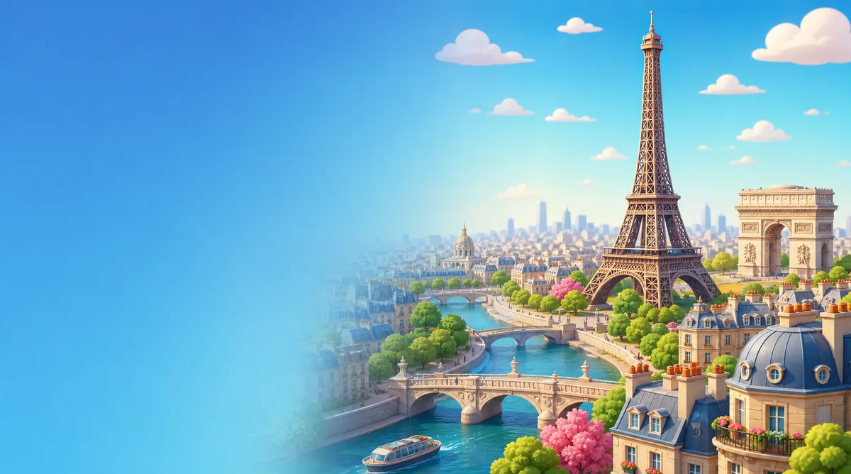 Illustrated Paris skyline with the Eiffel Tower and the Seine